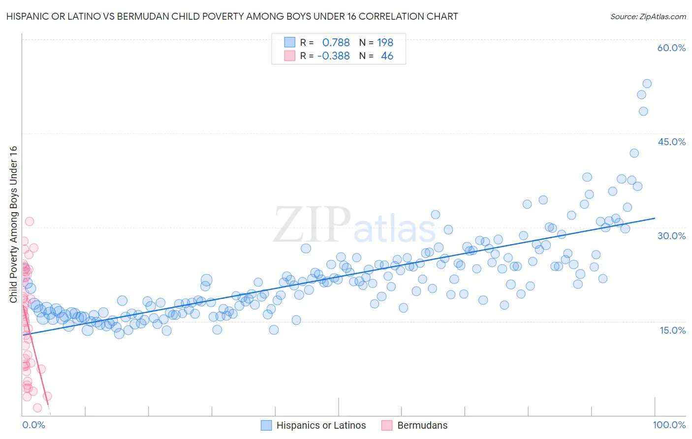 Hispanic or Latino vs Bermudan Child Poverty Among Boys Under 16