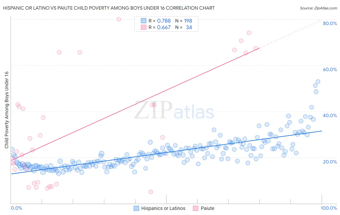 Hispanic or Latino vs Paiute Child Poverty Among Boys Under 16