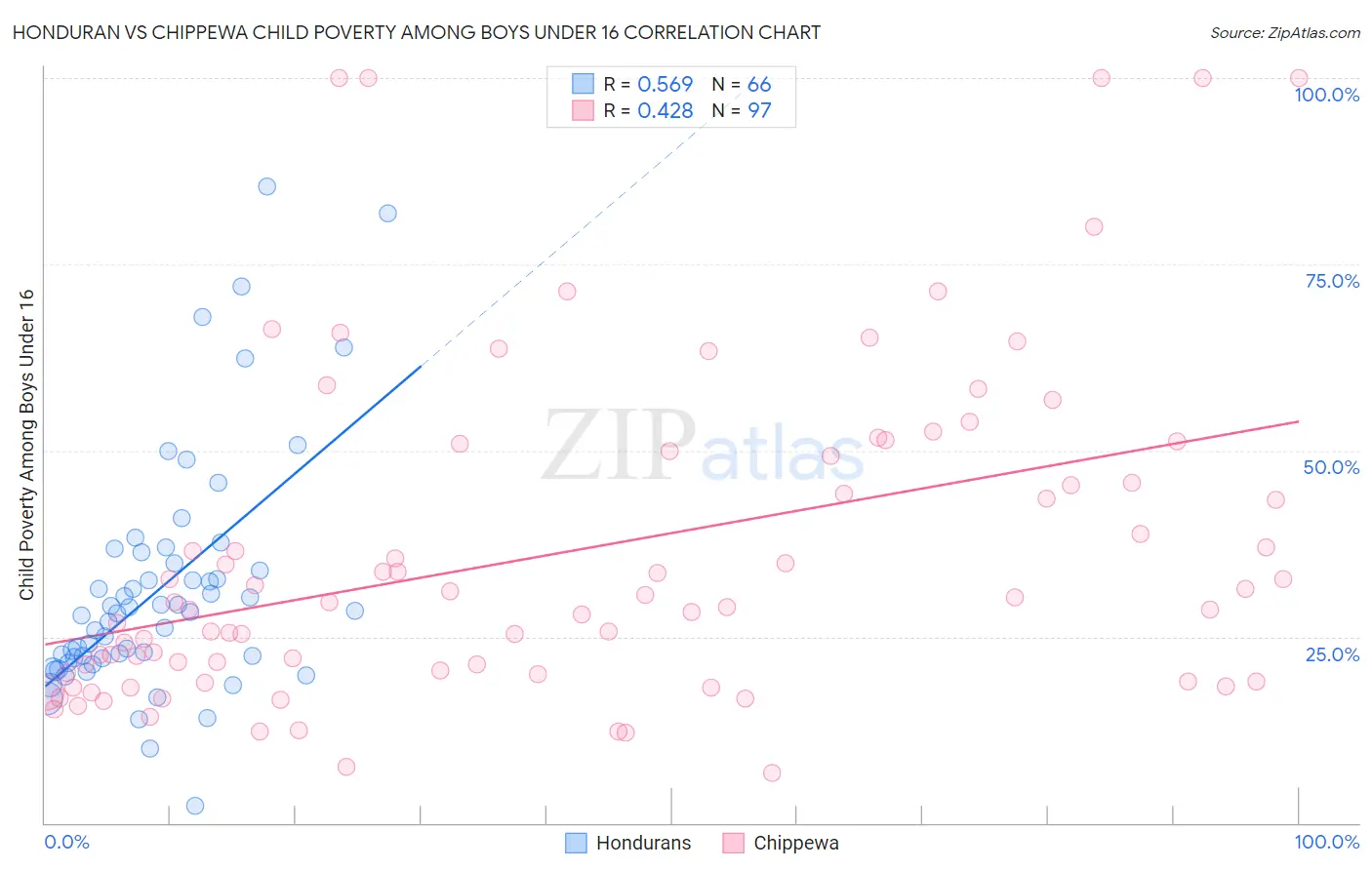 Honduran vs Chippewa Child Poverty Among Boys Under 16