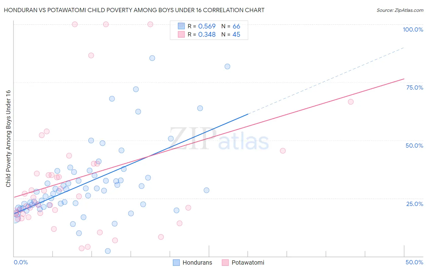 Honduran vs Potawatomi Child Poverty Among Boys Under 16