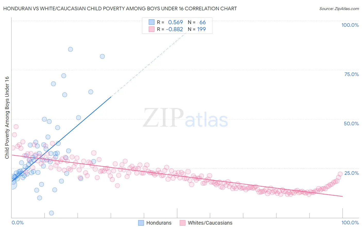 Honduran vs White/Caucasian Child Poverty Among Boys Under 16