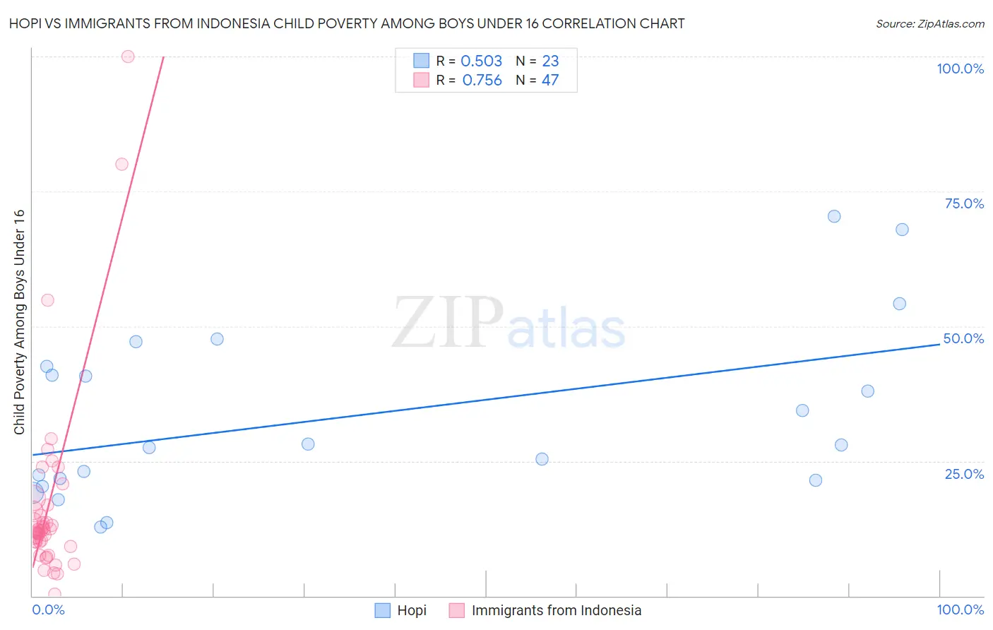 Hopi vs Immigrants from Indonesia Child Poverty Among Boys Under 16