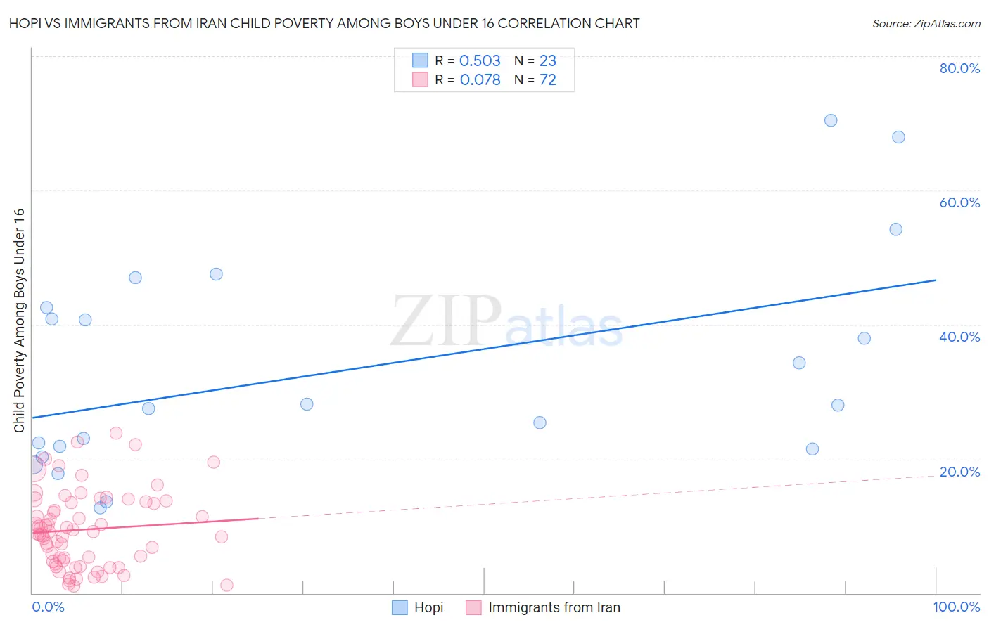 Hopi vs Immigrants from Iran Child Poverty Among Boys Under 16