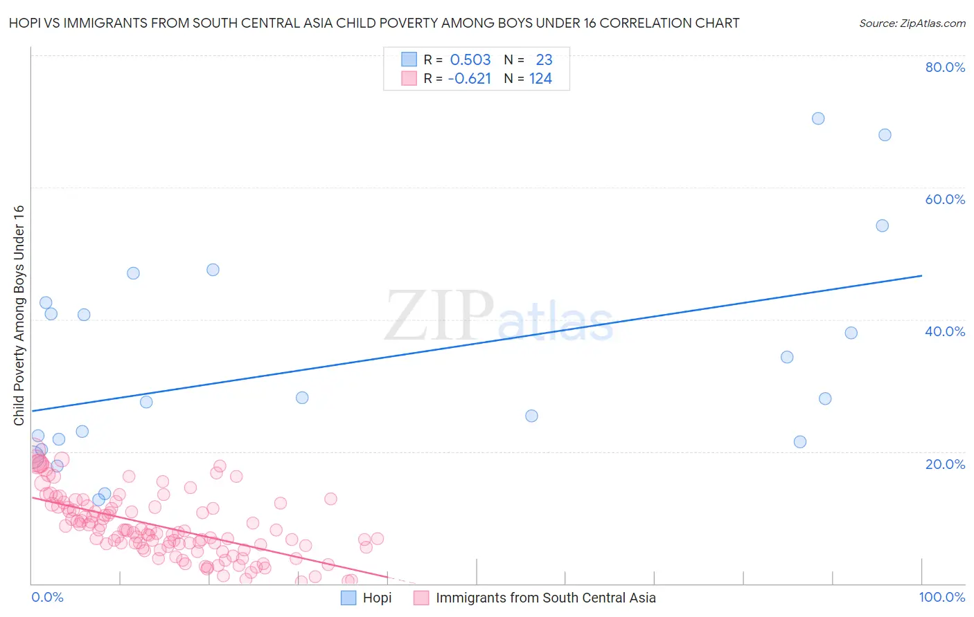 Hopi vs Immigrants from South Central Asia Child Poverty Among Boys Under 16