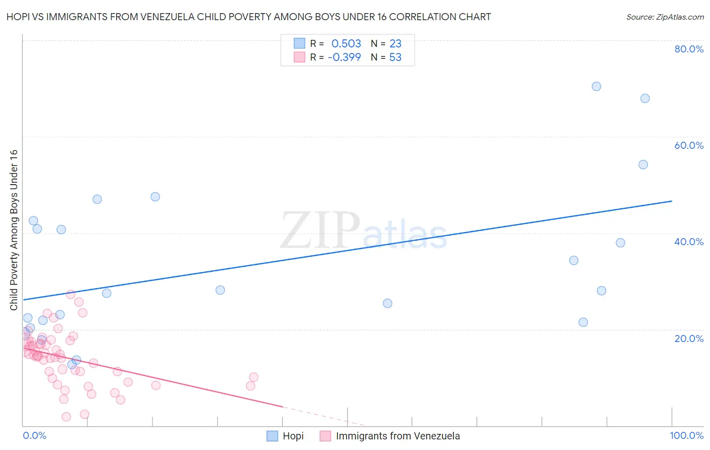 Hopi vs Immigrants from Venezuela Child Poverty Among Boys Under 16