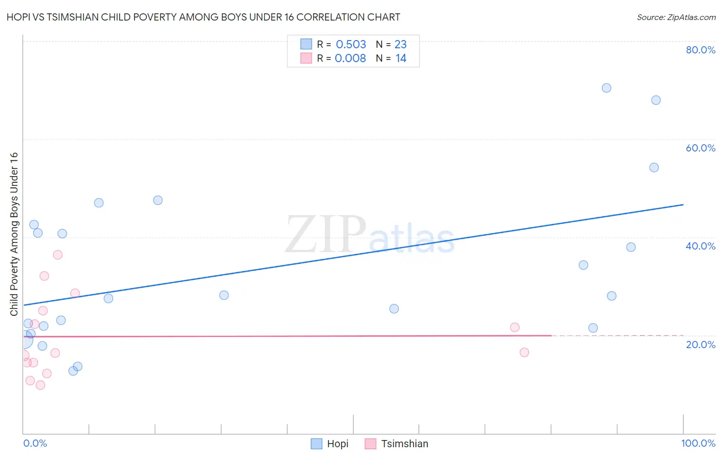 Hopi vs Tsimshian Child Poverty Among Boys Under 16