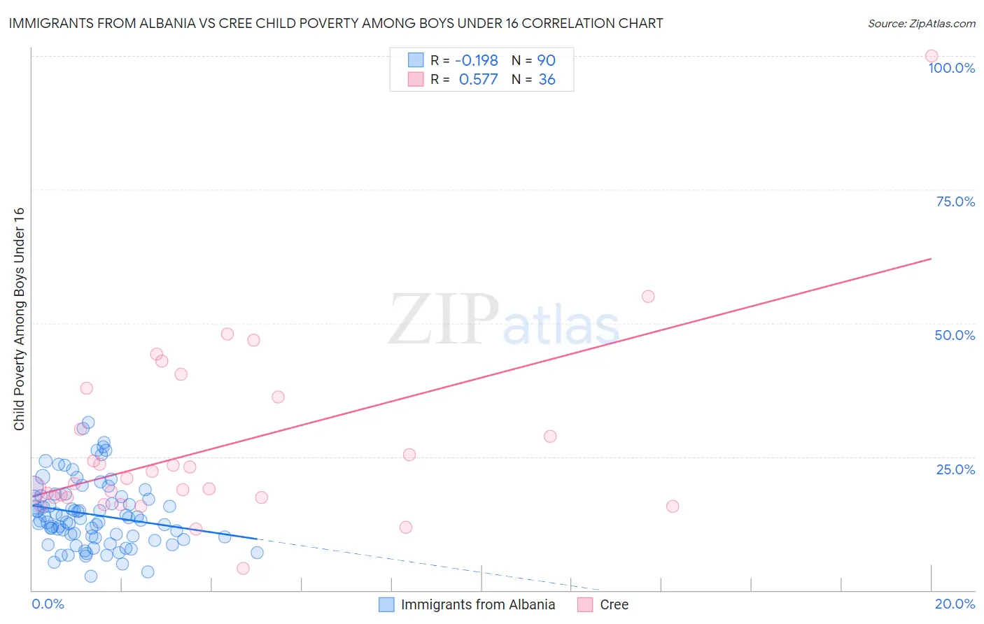Immigrants from Albania vs Cree Child Poverty Among Boys Under 16