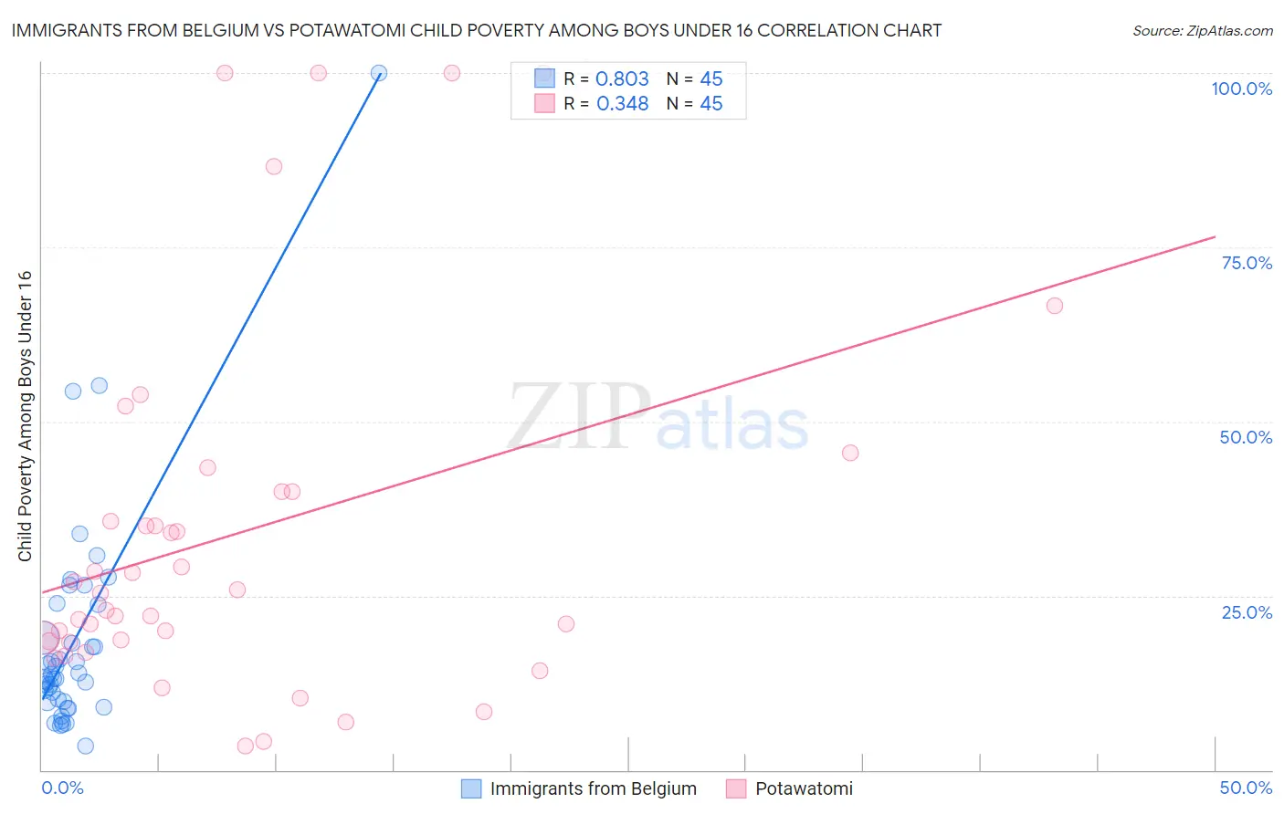 Immigrants from Belgium vs Potawatomi Child Poverty Among Boys Under 16