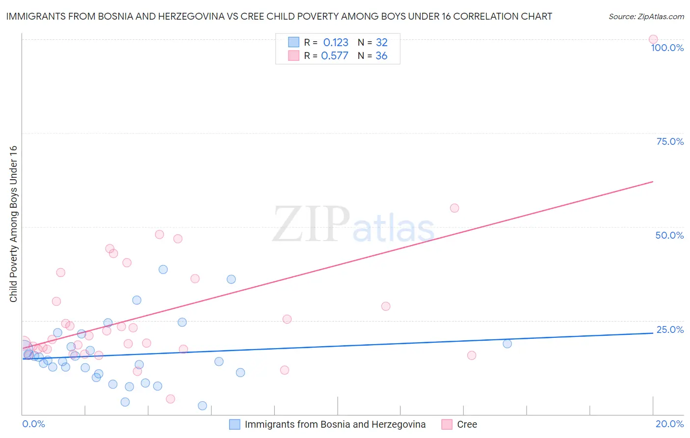 Immigrants from Bosnia and Herzegovina vs Cree Child Poverty Among Boys Under 16