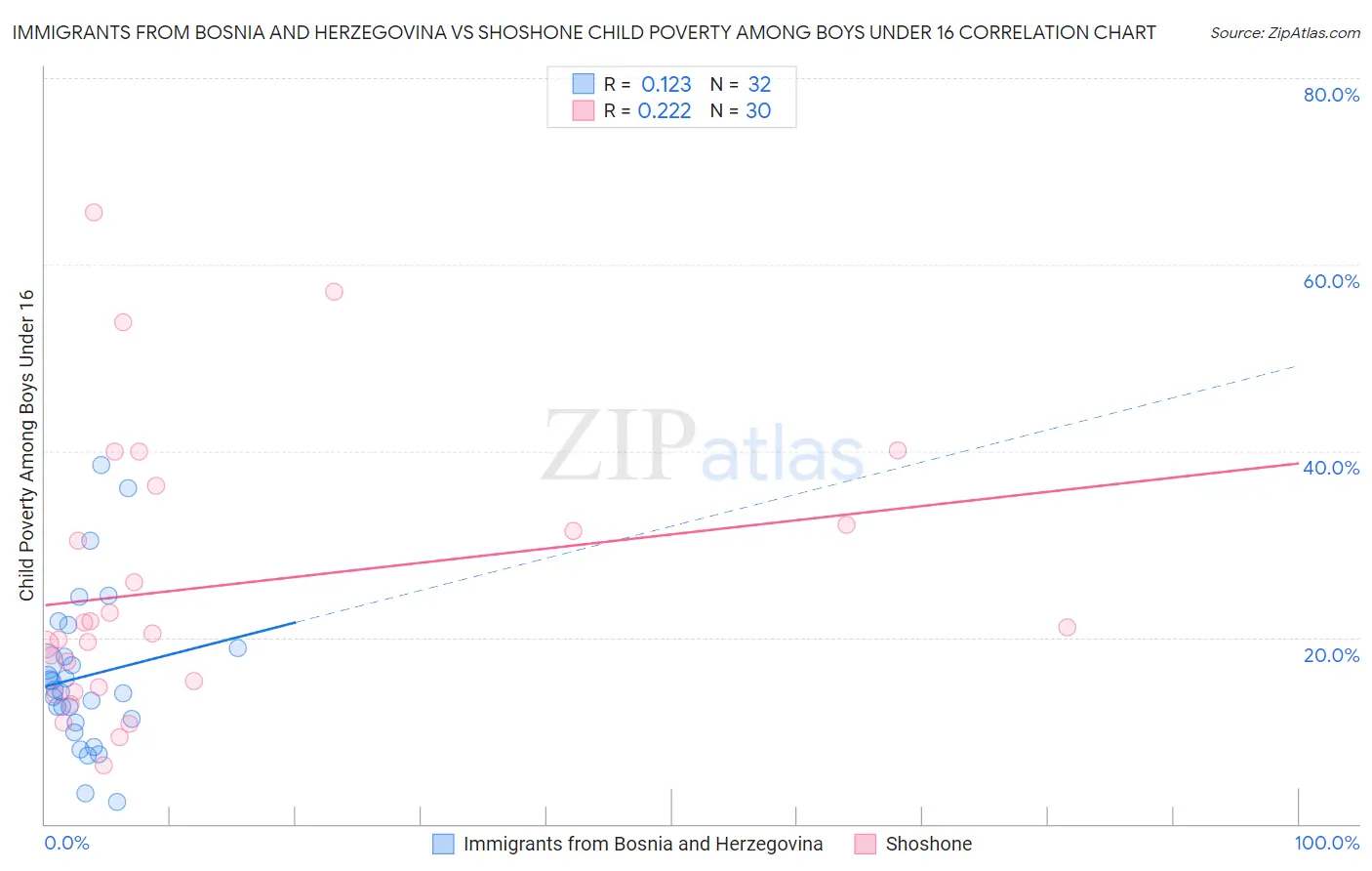 Immigrants from Bosnia and Herzegovina vs Shoshone Child Poverty Among Boys Under 16