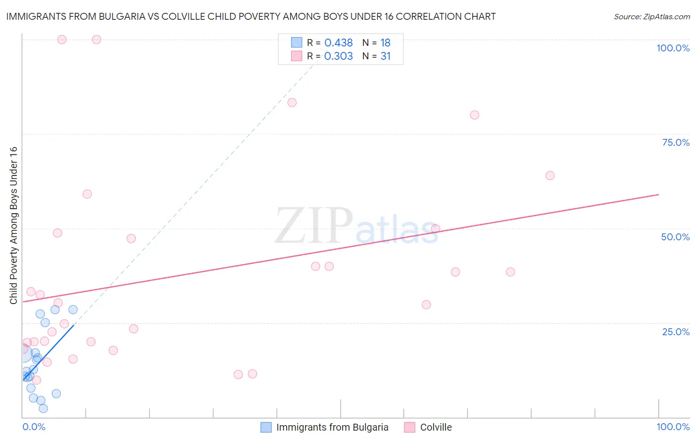 Immigrants from Bulgaria vs Colville Child Poverty Among Boys Under 16