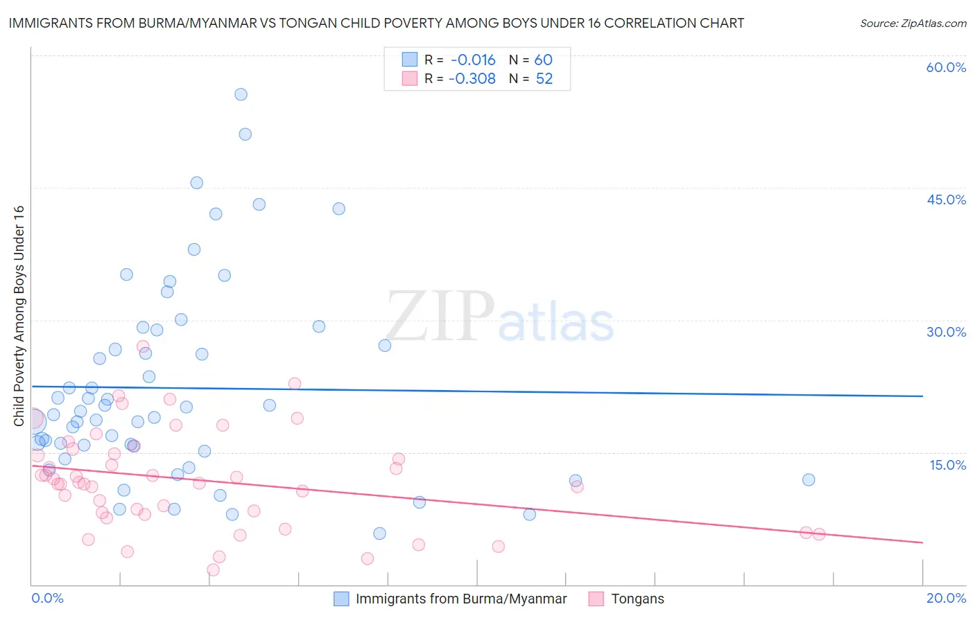 Immigrants from Burma/Myanmar vs Tongan Child Poverty Among Boys Under 16