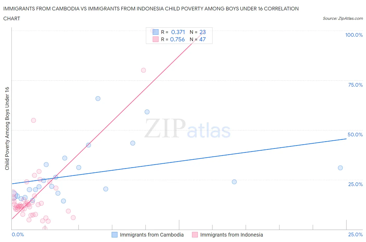 Immigrants from Cambodia vs Immigrants from Indonesia Child Poverty Among Boys Under 16