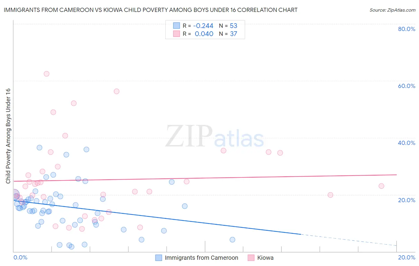 Immigrants from Cameroon vs Kiowa Child Poverty Among Boys Under 16