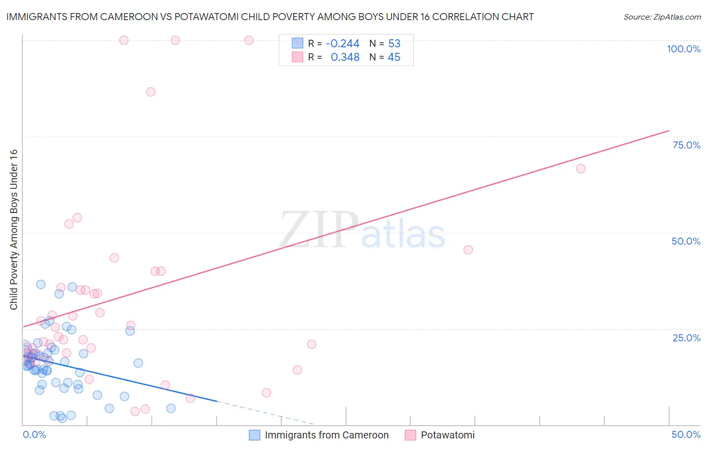 Immigrants from Cameroon vs Potawatomi Child Poverty Among Boys Under 16