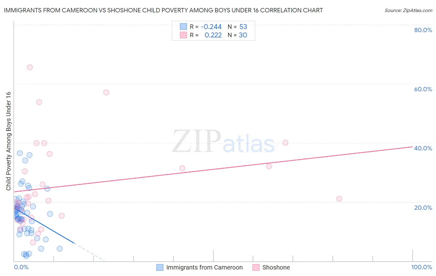 Immigrants from Cameroon vs Shoshone Child Poverty Among Boys Under 16