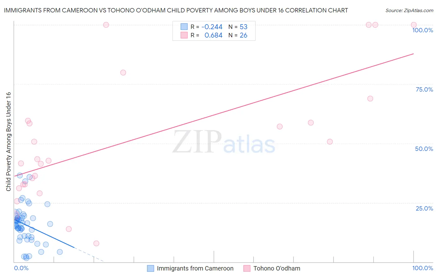 Immigrants from Cameroon vs Tohono O'odham Child Poverty Among Boys Under 16