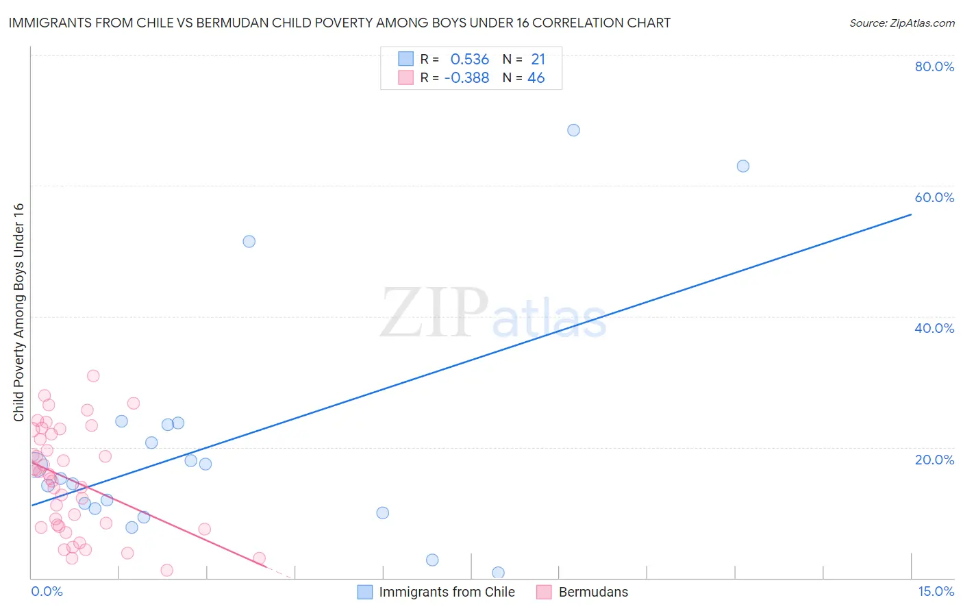 Immigrants from Chile vs Bermudan Child Poverty Among Boys Under 16