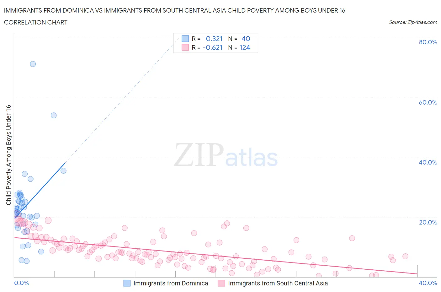 Immigrants from Dominica vs Immigrants from South Central Asia Child Poverty Among Boys Under 16