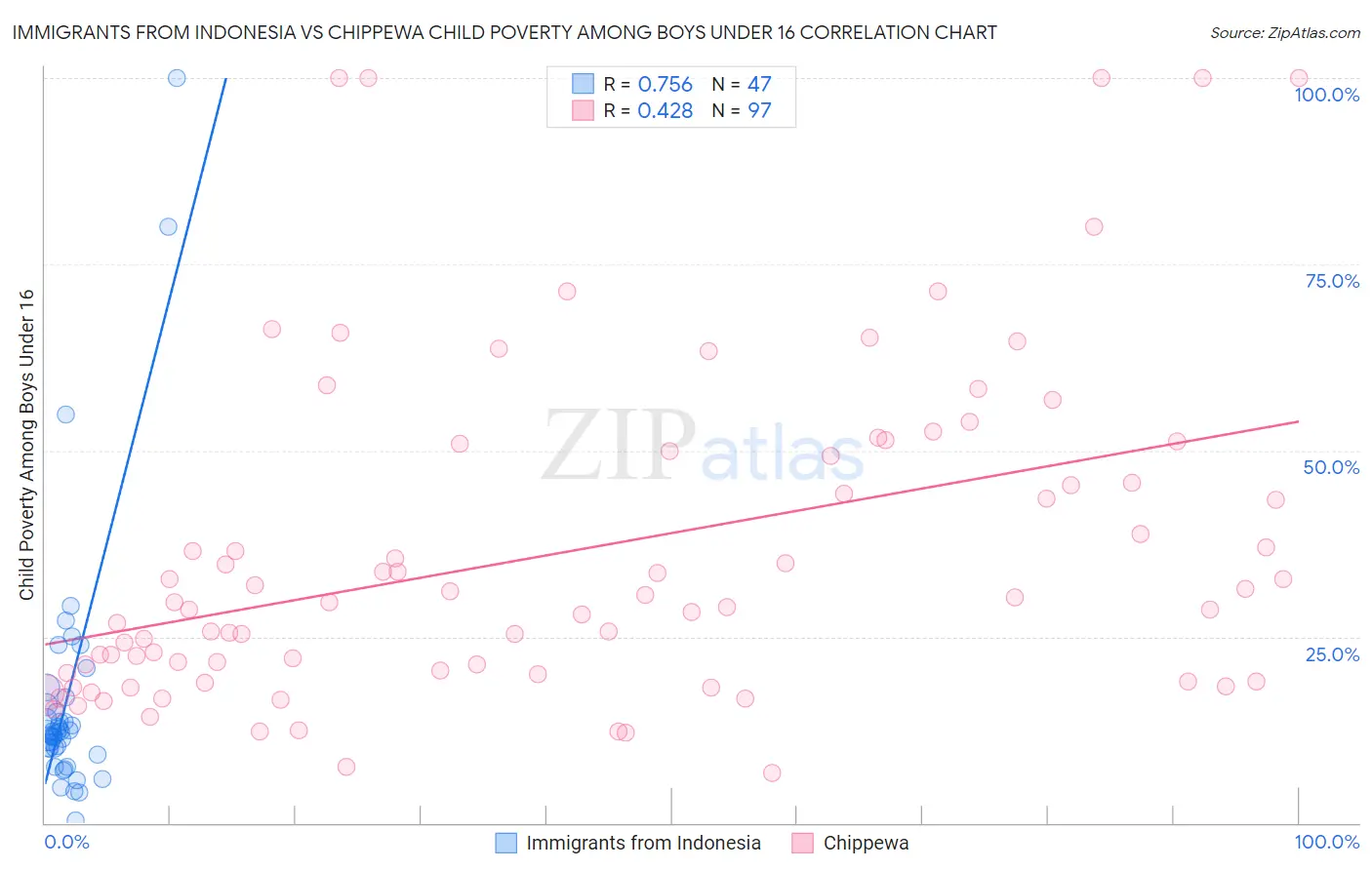 Immigrants from Indonesia vs Chippewa Child Poverty Among Boys Under 16