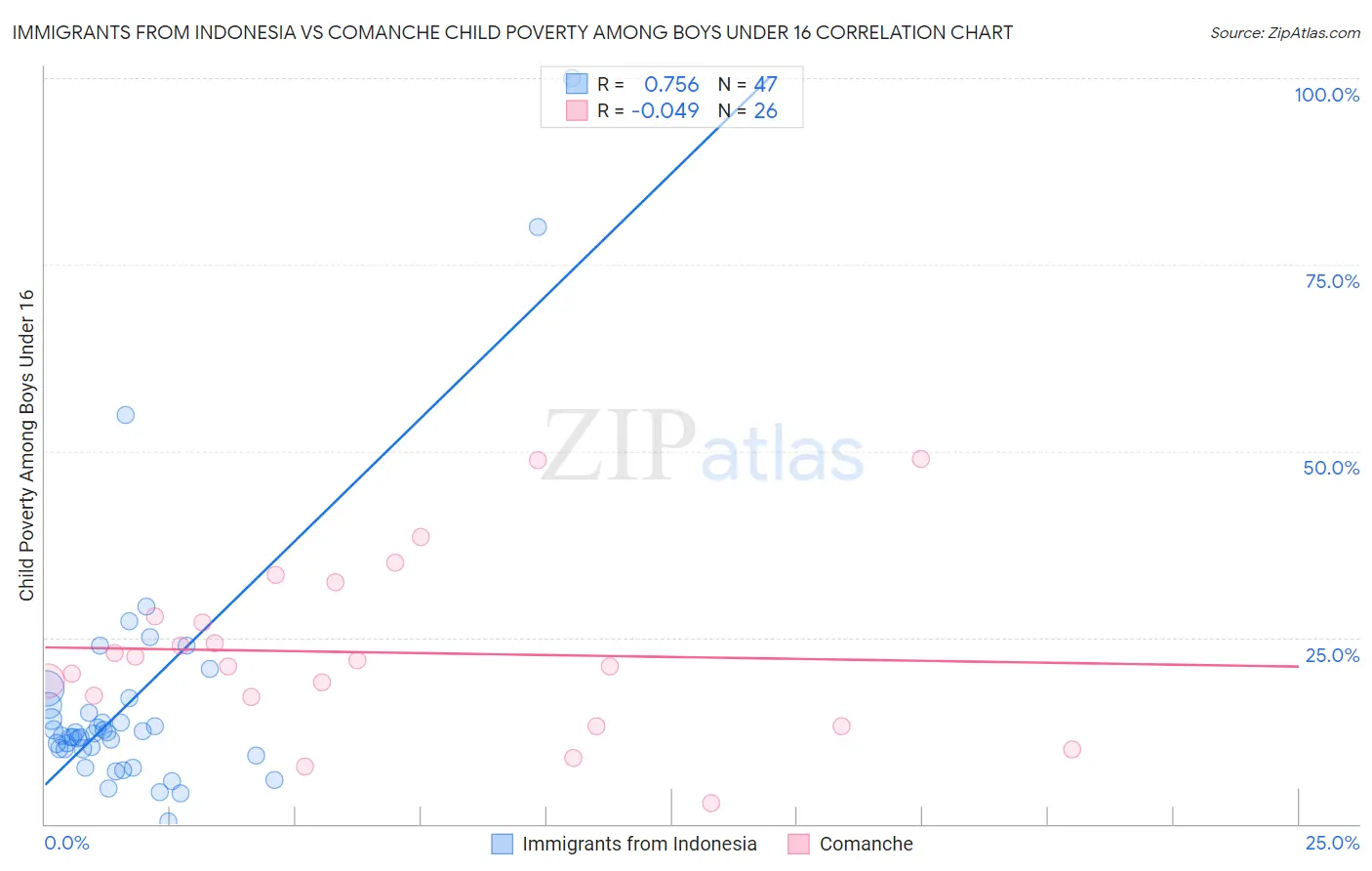 Immigrants from Indonesia vs Comanche Child Poverty Among Boys Under 16