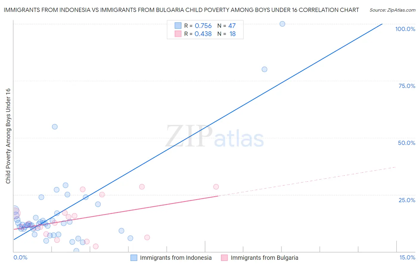 Immigrants from Indonesia vs Immigrants from Bulgaria Child Poverty Among Boys Under 16