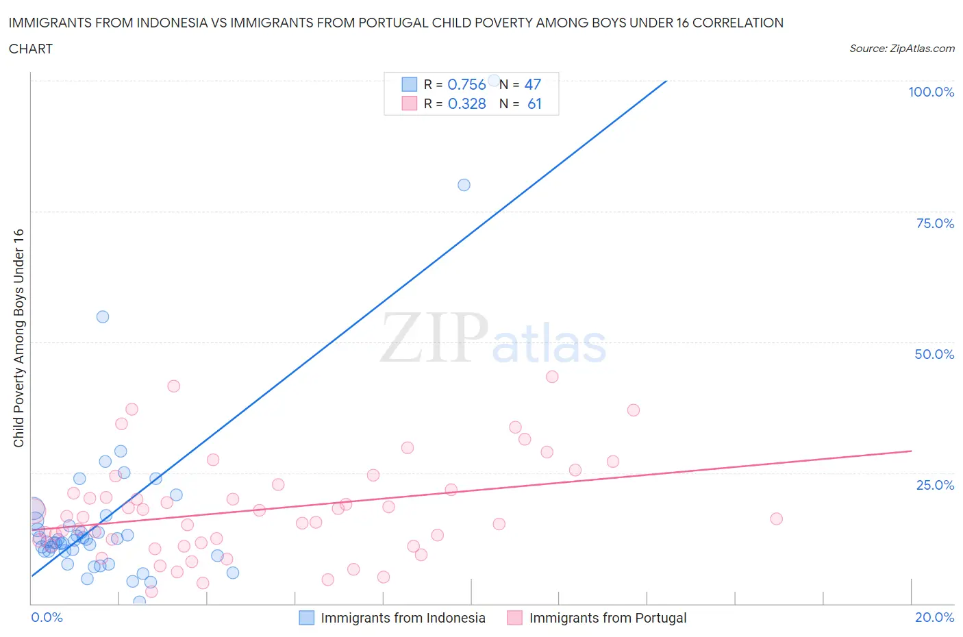 Immigrants from Indonesia vs Immigrants from Portugal Child Poverty Among Boys Under 16