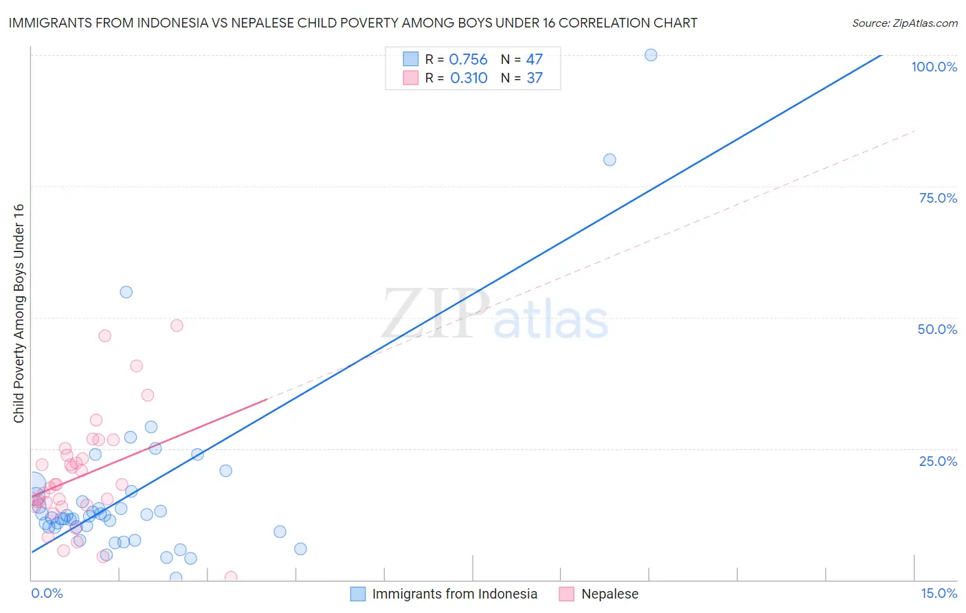 Immigrants from Indonesia vs Nepalese Child Poverty Among Boys Under 16