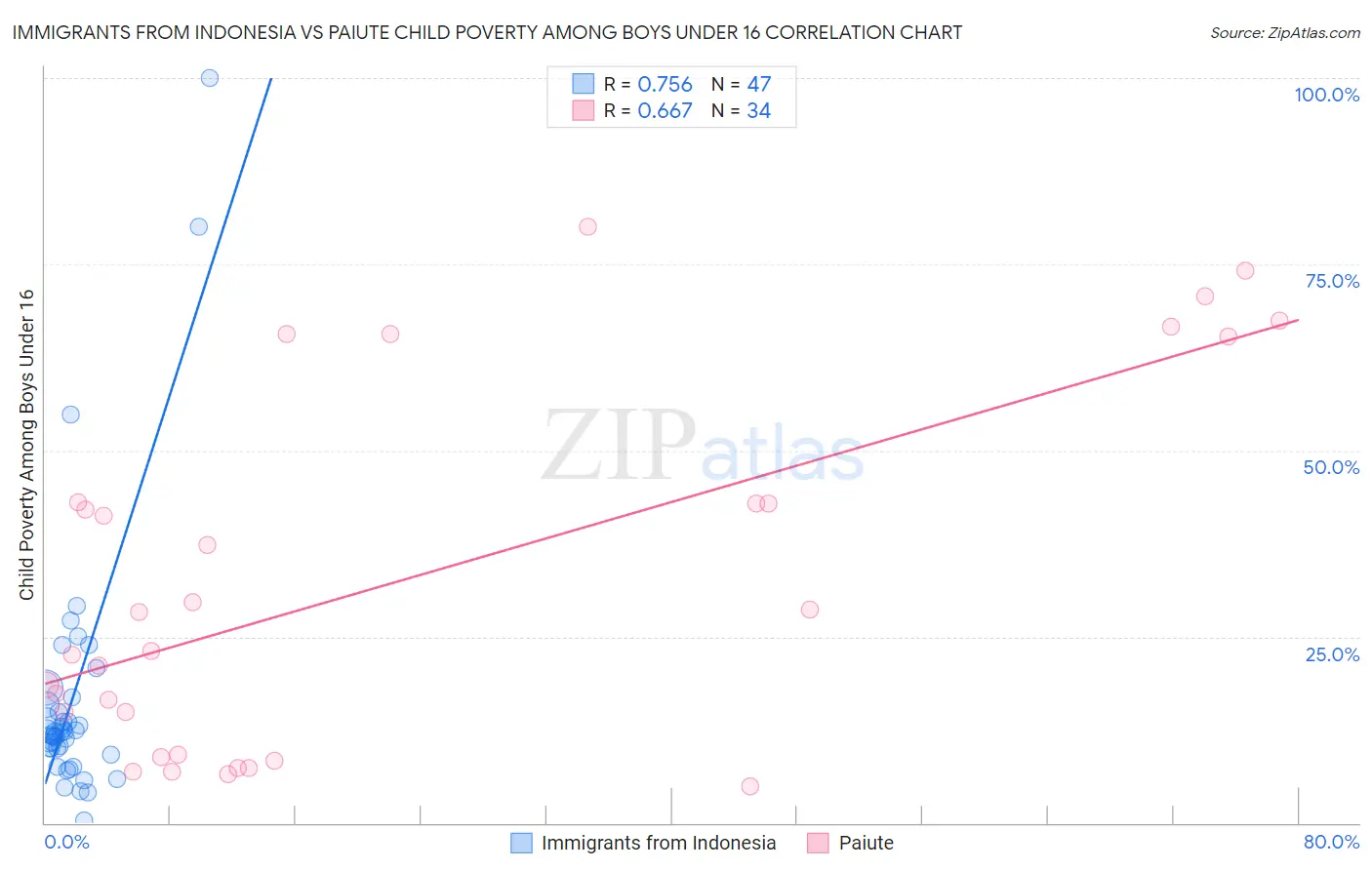 Immigrants from Indonesia vs Paiute Child Poverty Among Boys Under 16