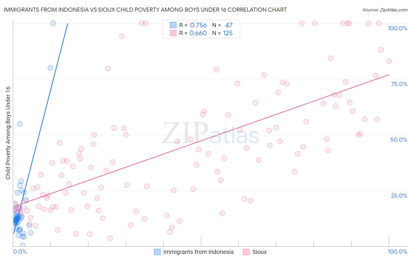 Immigrants from Indonesia vs Sioux Child Poverty Among Boys Under 16