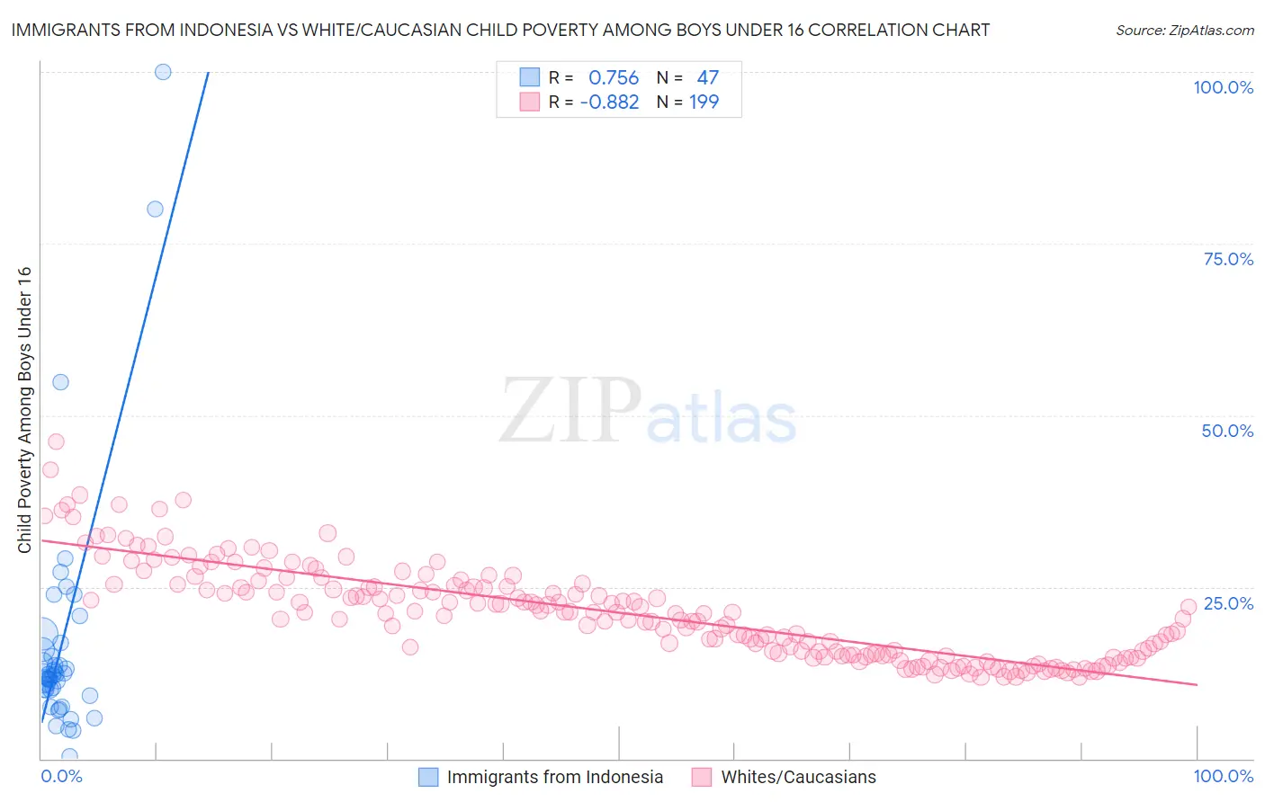 Immigrants from Indonesia vs White/Caucasian Child Poverty Among Boys Under 16