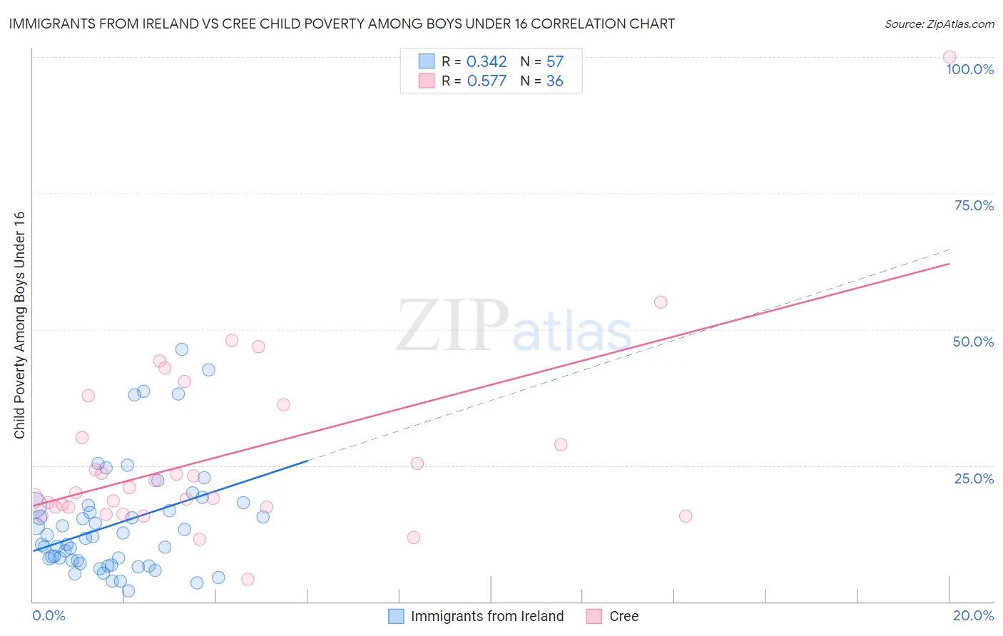 Immigrants from Ireland vs Cree Child Poverty Among Boys Under 16