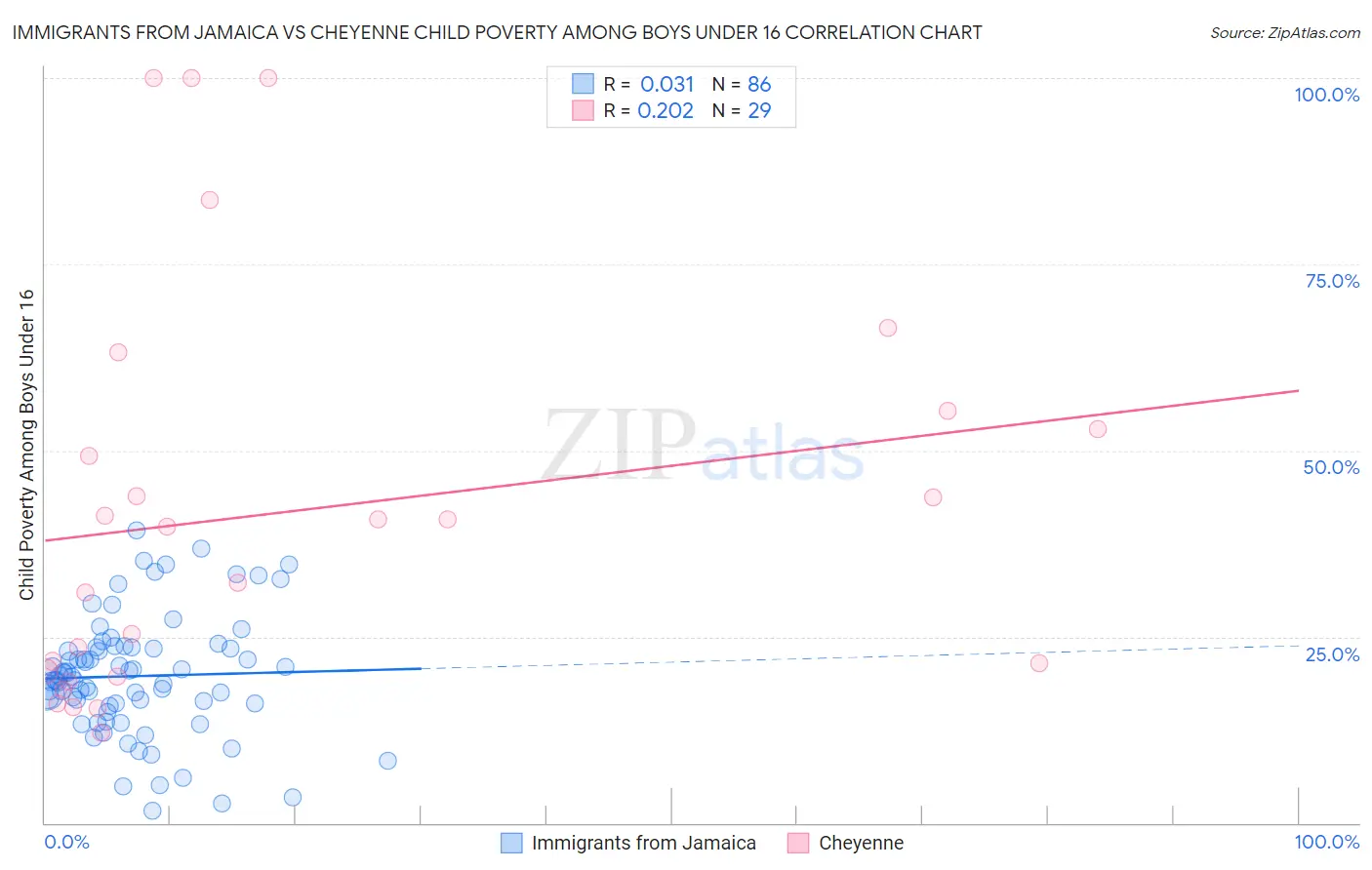 Immigrants from Jamaica vs Cheyenne Child Poverty Among Boys Under 16
