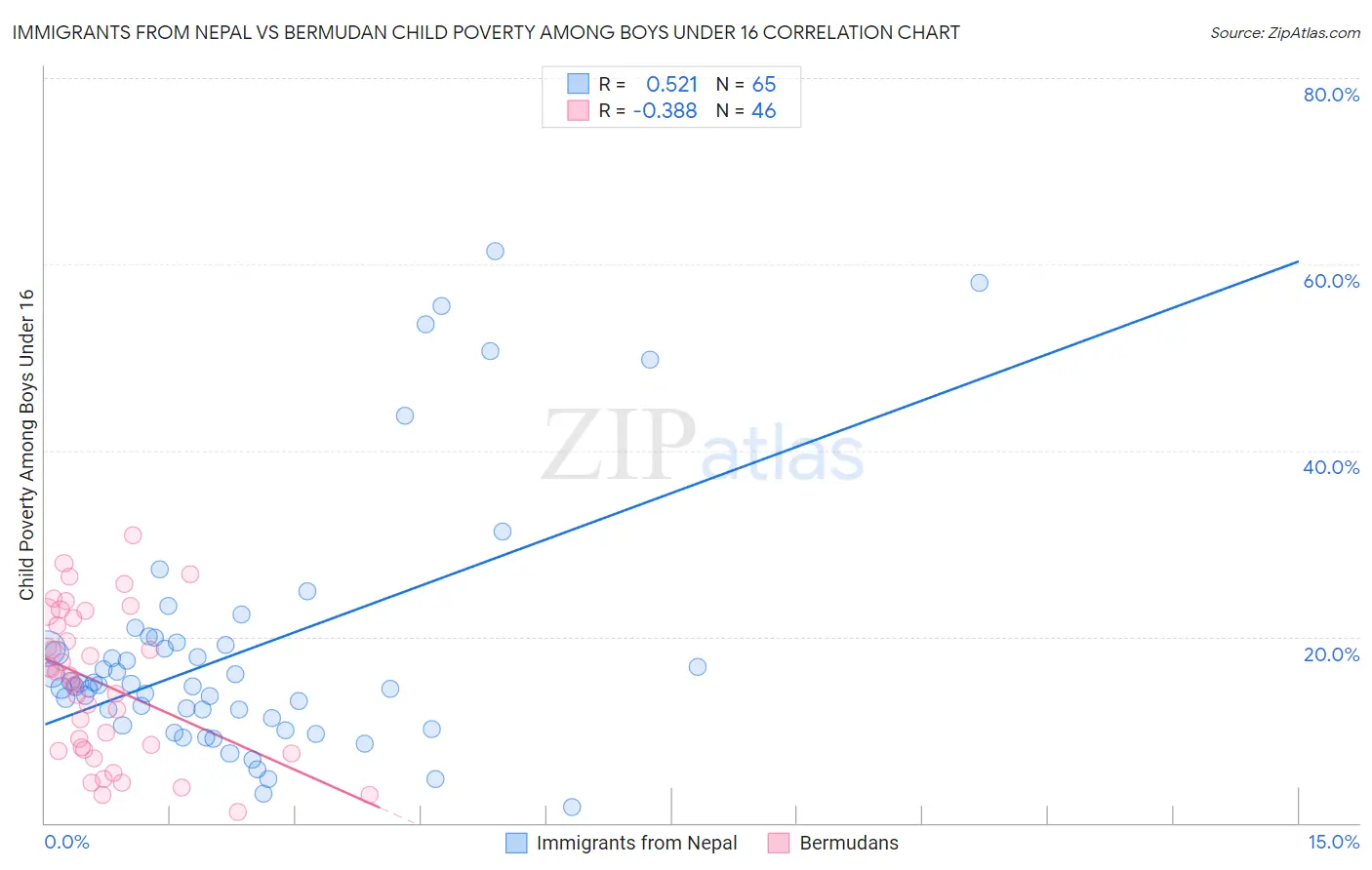 Immigrants from Nepal vs Bermudan Child Poverty Among Boys Under 16