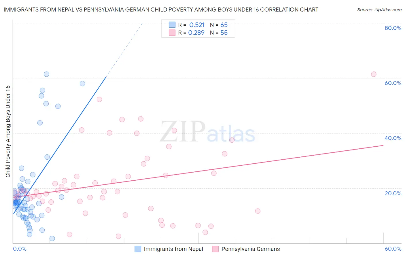 Immigrants from Nepal vs Pennsylvania German Child Poverty Among Boys Under 16
