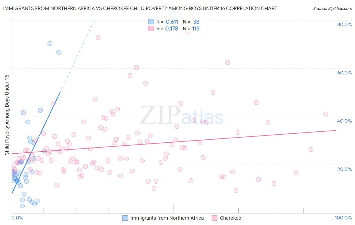Immigrants from Northern Africa vs Cherokee Child Poverty Among Boys Under 16