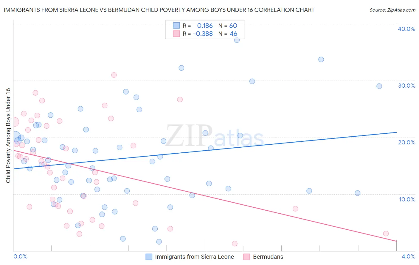 Immigrants from Sierra Leone vs Bermudan Child Poverty Among Boys Under 16