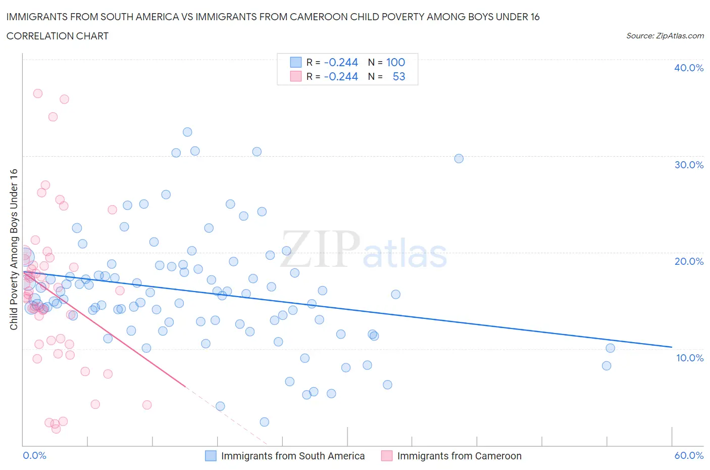 Immigrants from South America vs Immigrants from Cameroon Child Poverty Among Boys Under 16