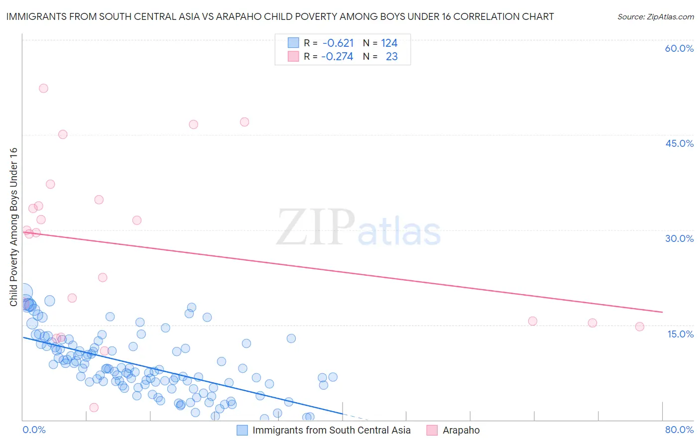 Immigrants from South Central Asia vs Arapaho Child Poverty Among Boys Under 16