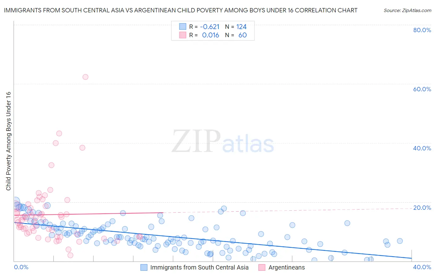 Immigrants from South Central Asia vs Argentinean Child Poverty Among Boys Under 16