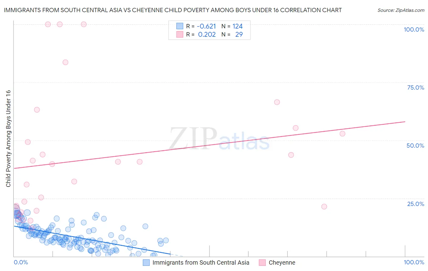 Immigrants from South Central Asia vs Cheyenne Child Poverty Among Boys Under 16