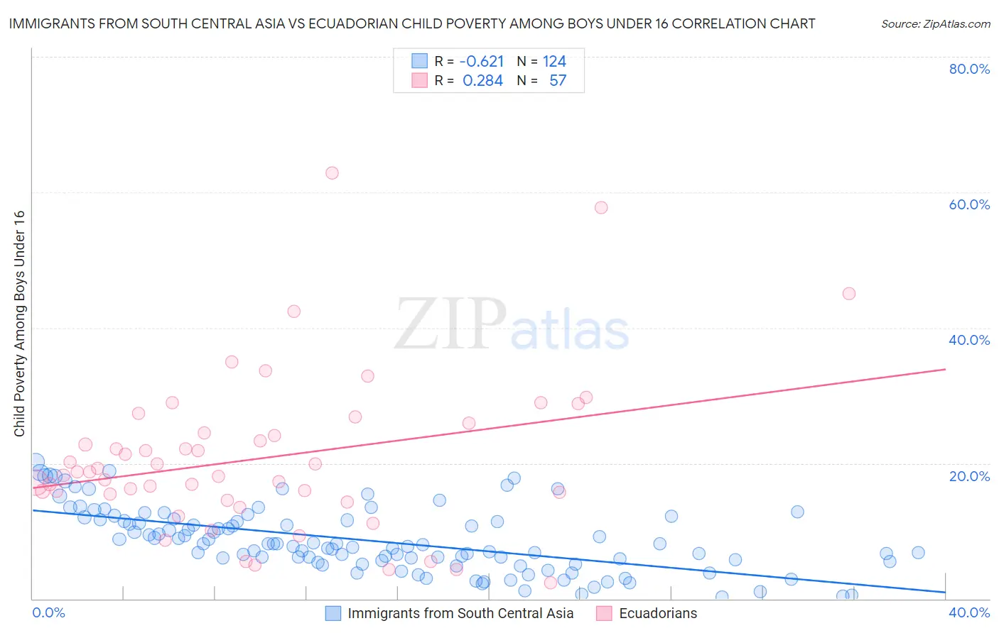 Immigrants from South Central Asia vs Ecuadorian Child Poverty Among Boys Under 16