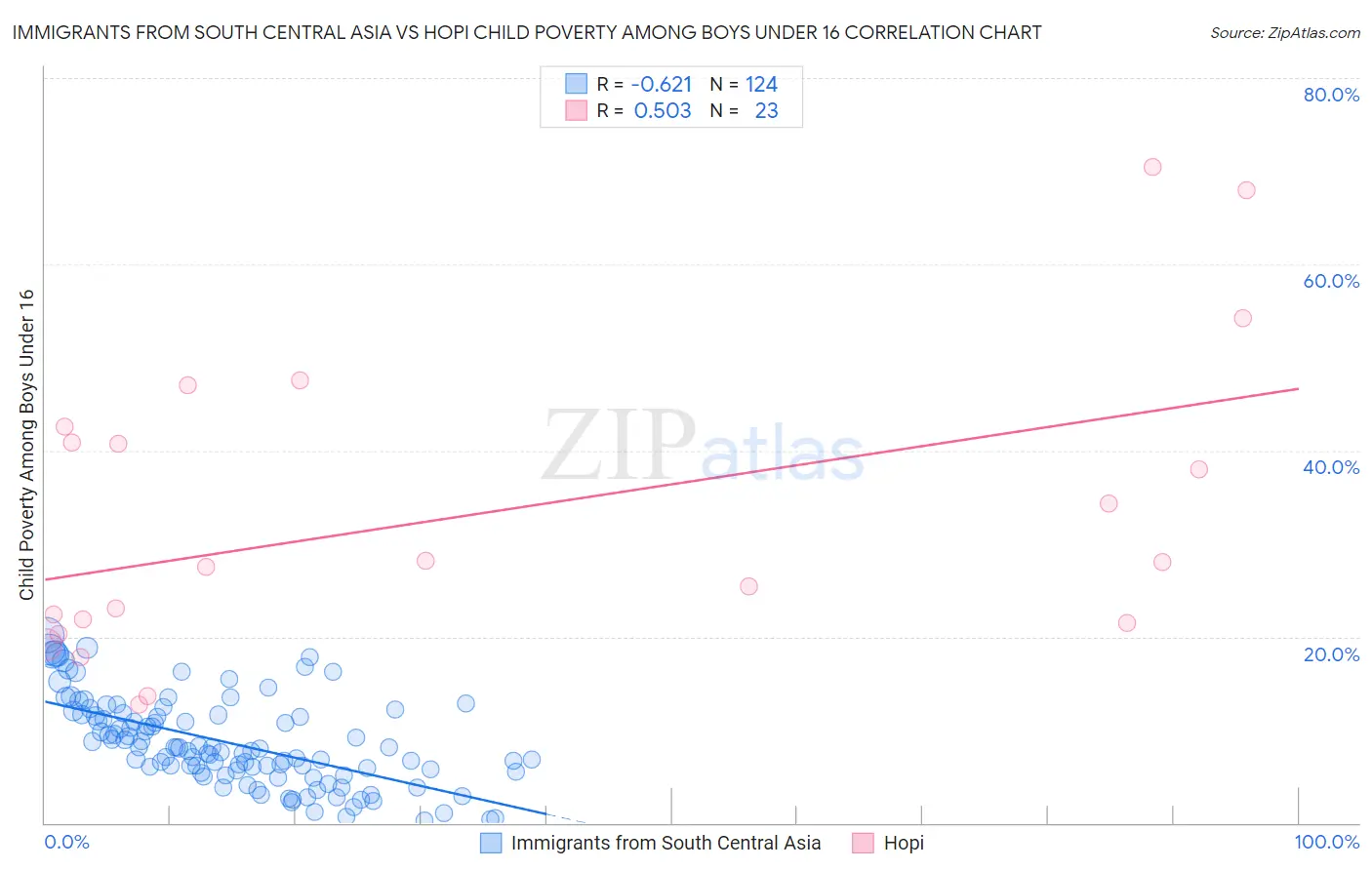 Immigrants from South Central Asia vs Hopi Child Poverty Among Boys Under 16