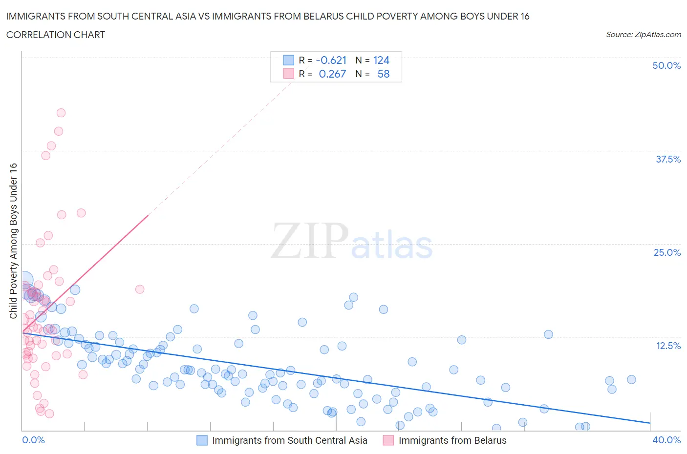 Immigrants from South Central Asia vs Immigrants from Belarus Child Poverty Among Boys Under 16