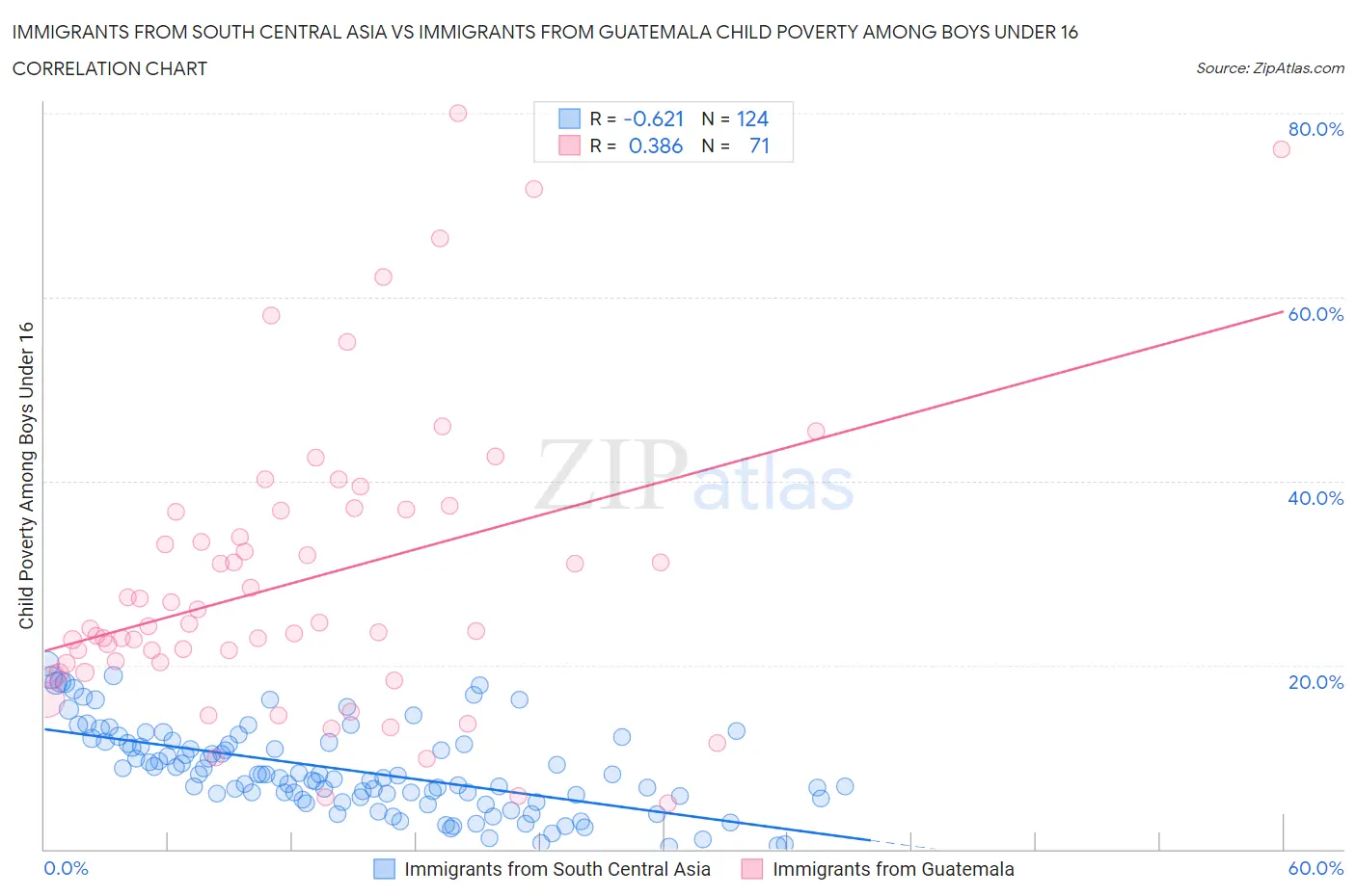 Immigrants from South Central Asia vs Immigrants from Guatemala Child Poverty Among Boys Under 16