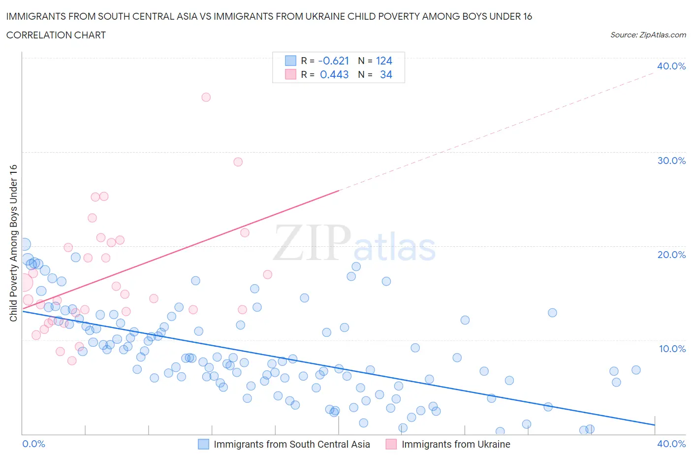 Immigrants from South Central Asia vs Immigrants from Ukraine Child Poverty Among Boys Under 16