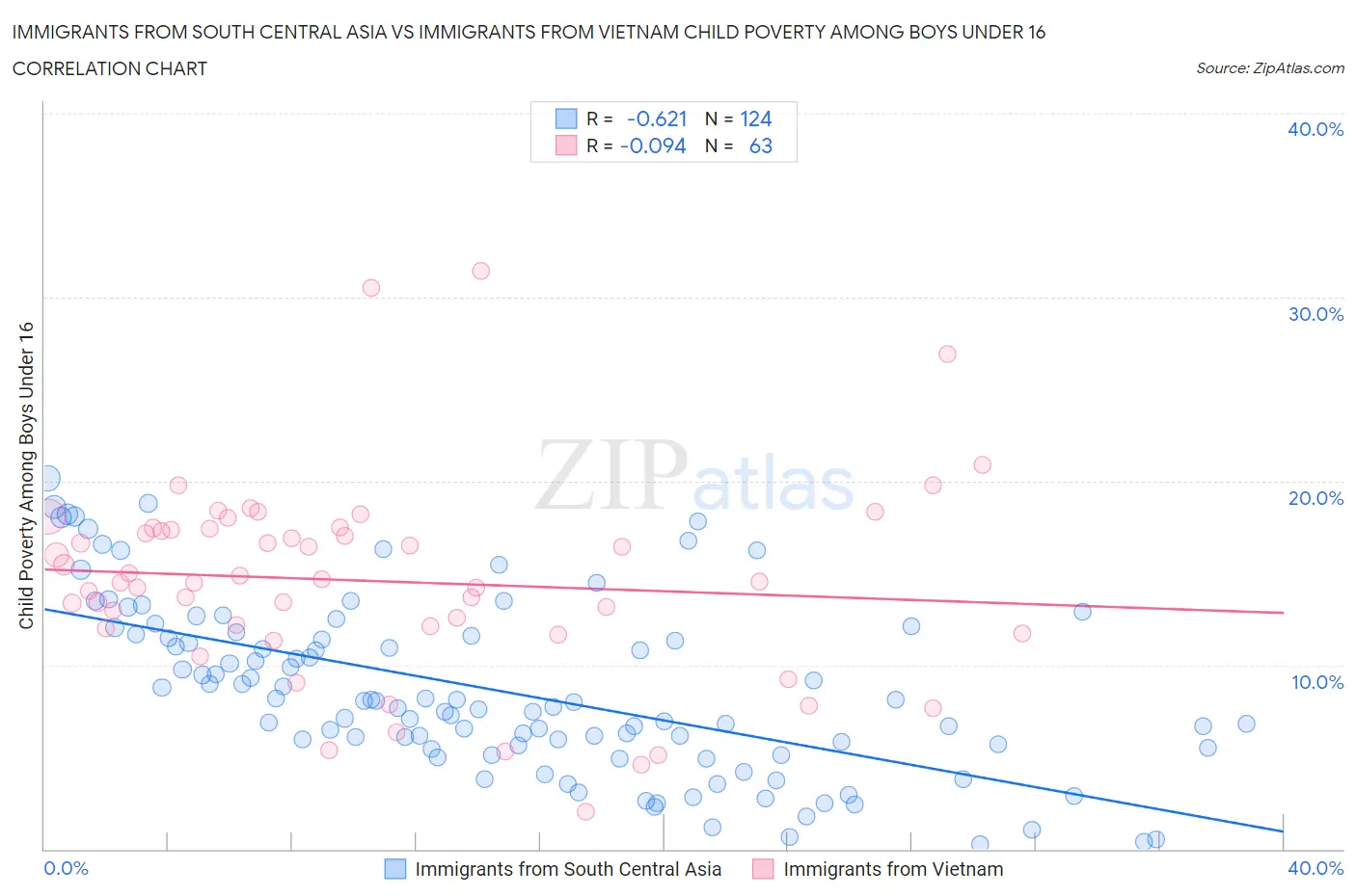 Immigrants from South Central Asia vs Immigrants from Vietnam Child Poverty Among Boys Under 16
