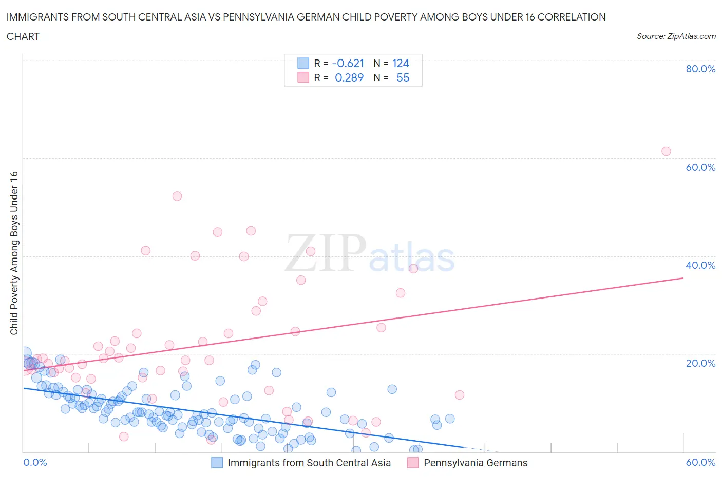 Immigrants from South Central Asia vs Pennsylvania German Child Poverty Among Boys Under 16