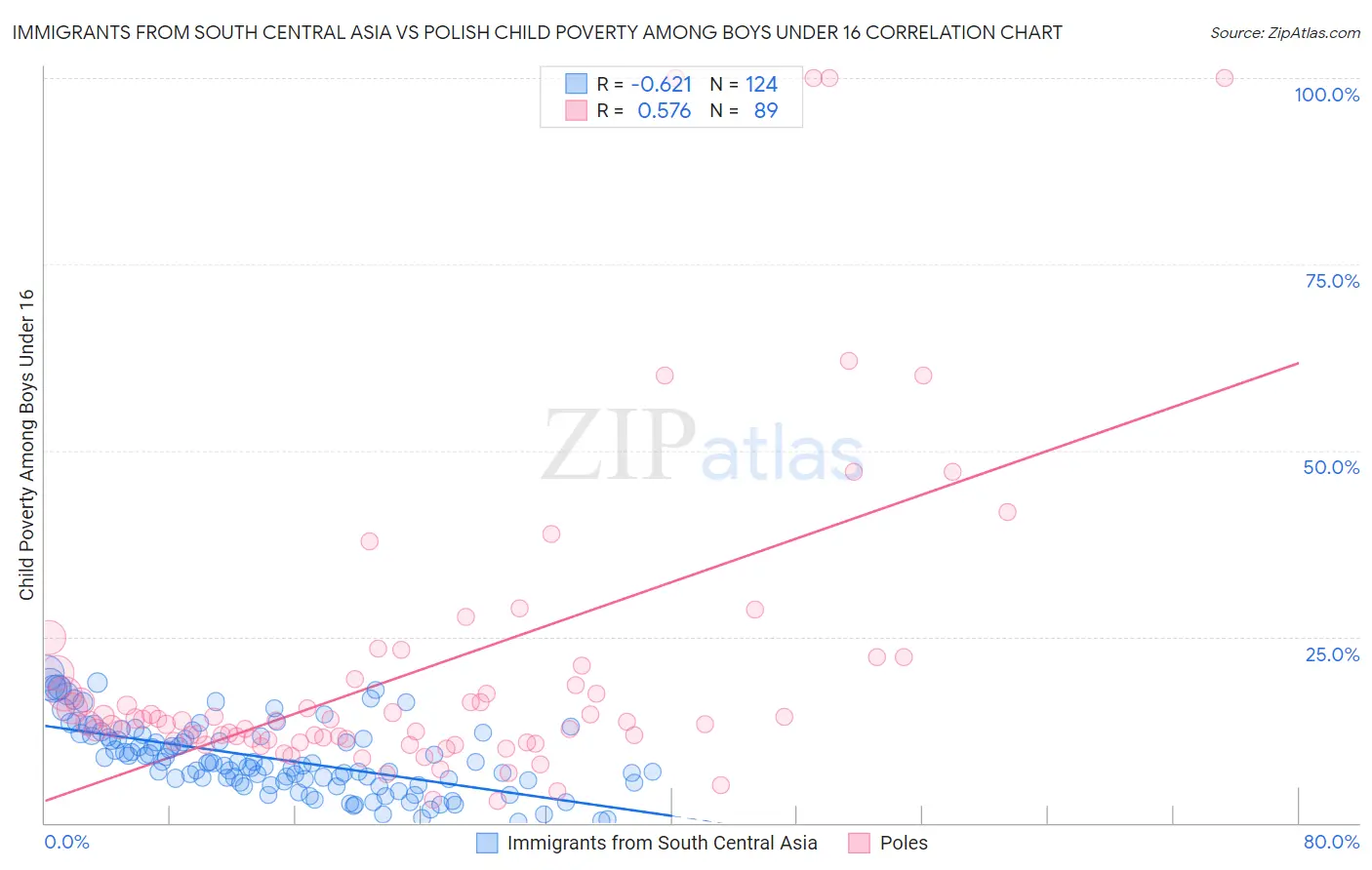 Immigrants from South Central Asia vs Polish Child Poverty Among Boys Under 16
