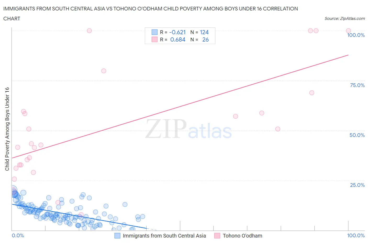 Immigrants from South Central Asia vs Tohono O'odham Child Poverty Among Boys Under 16